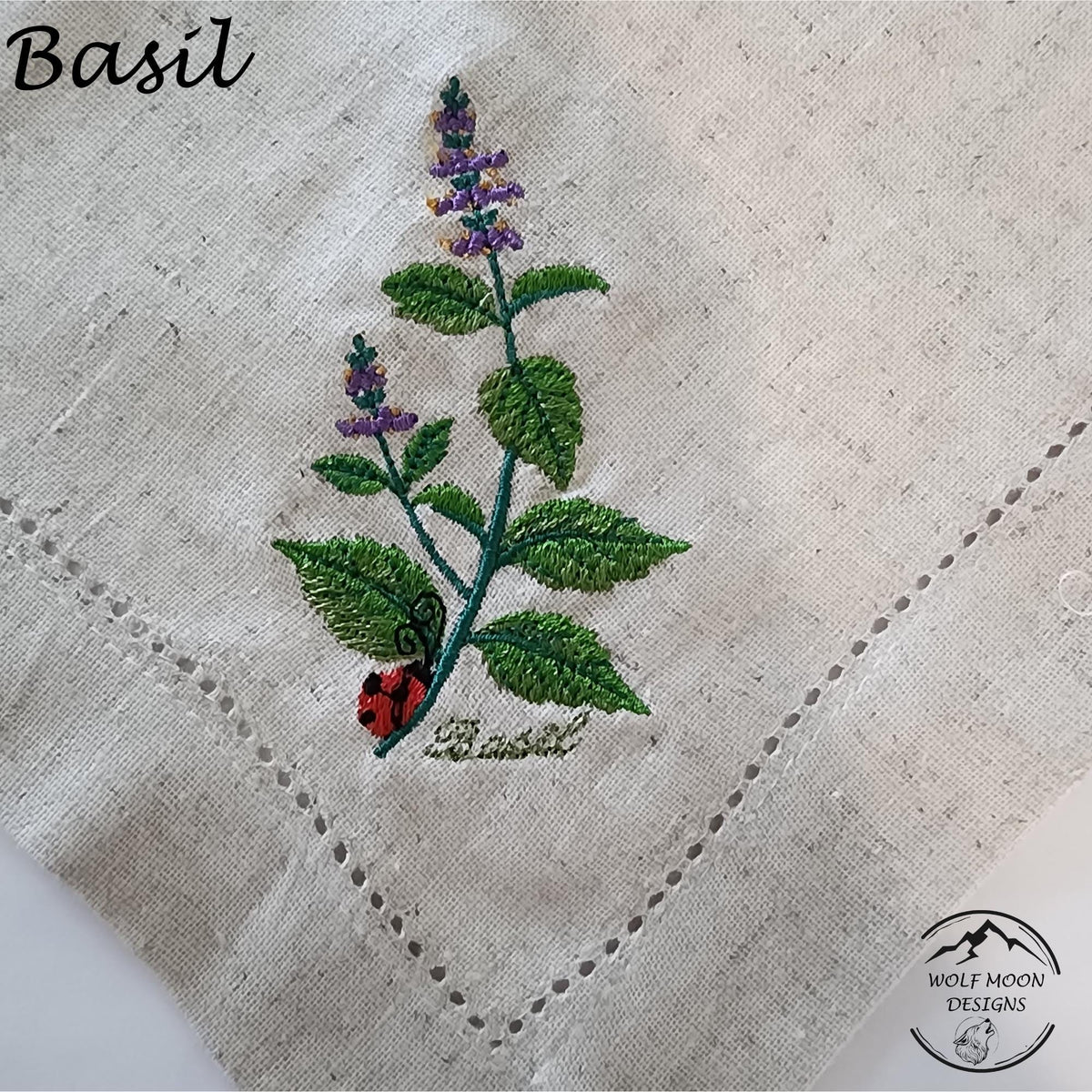 Embroidered XLarge Herb Napkins with Cute Bug Accents, Matching Napkin Rings Available too!