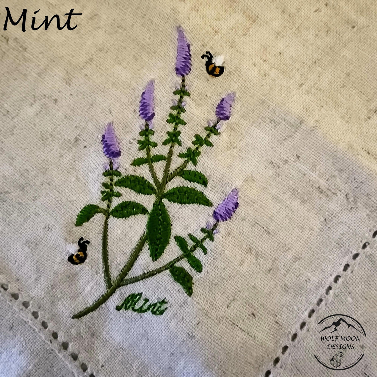 Embroidered XLarge Herb Napkins with Cute Bug Accents, Matching Napkin Rings Available too!