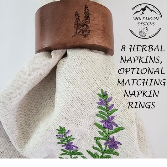 Embroidered XLarge Herb Napkins with Cute Bug Accents, Matching Napkin Rings Available too!