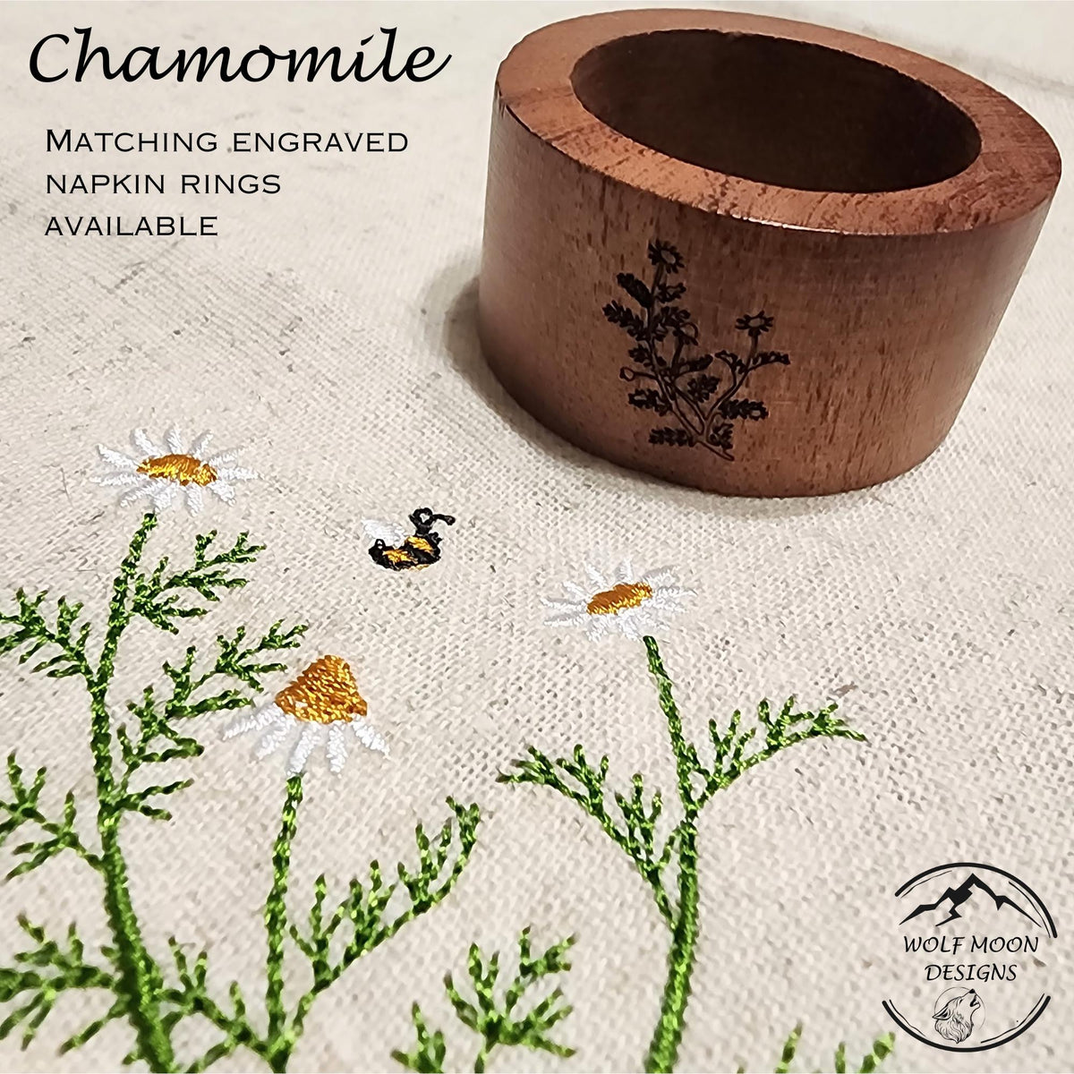 Embroidered XLarge Herb Napkins with Cute Bug Accents, Black Bold Text,  Matching Napkin Rings Available too!