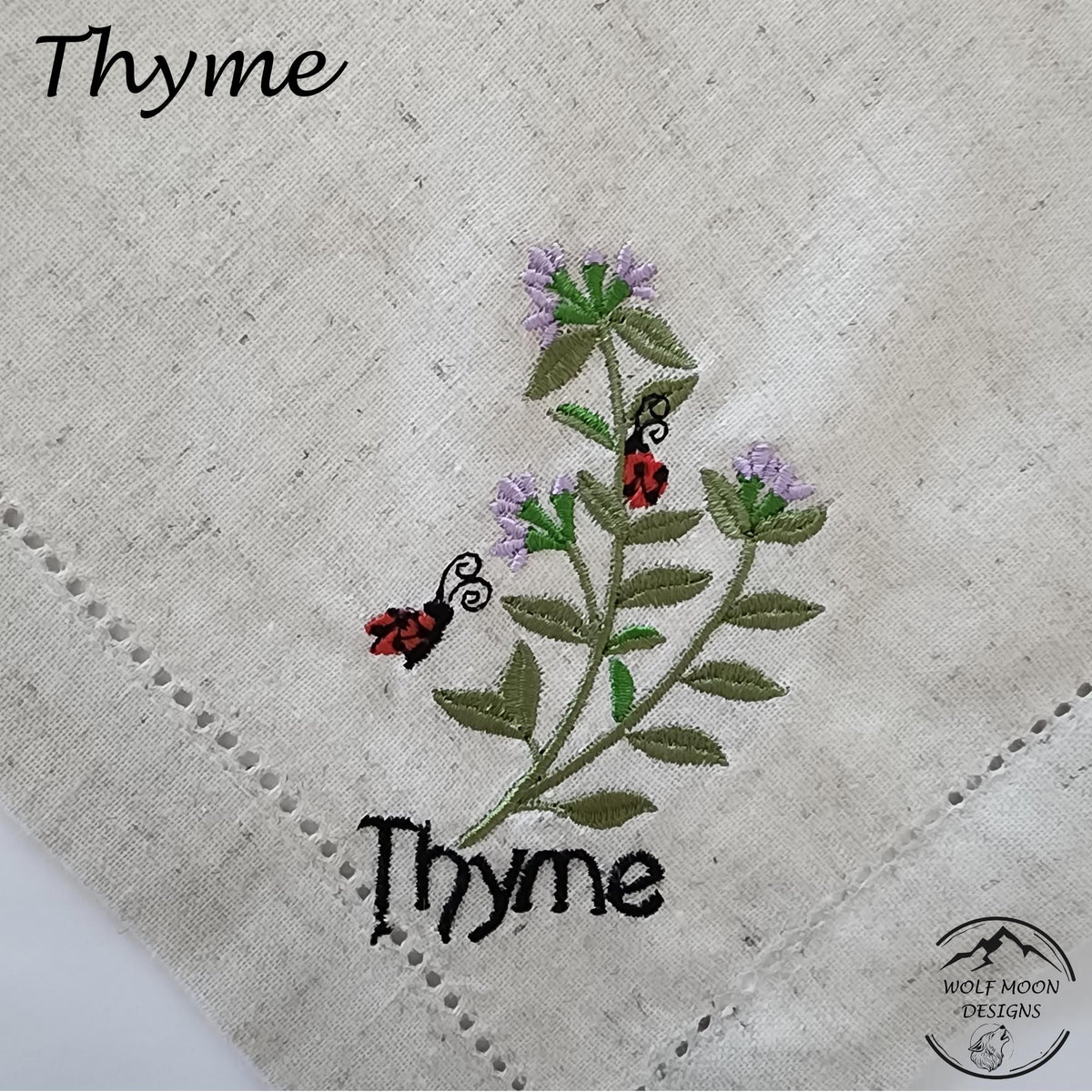 Embroidered XLarge Herb Napkins with Cute Bug Accents, Black Bold Text,  Matching Napkin Rings Available too!