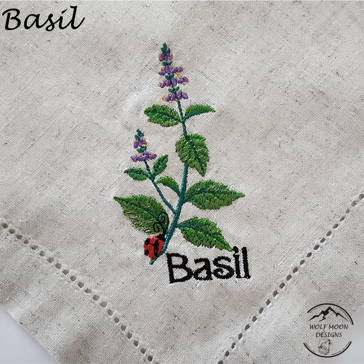 Embroidered XLarge Herb Napkins with Cute Bug Accents, Black Bold Text,  Matching Napkin Rings Available too!
