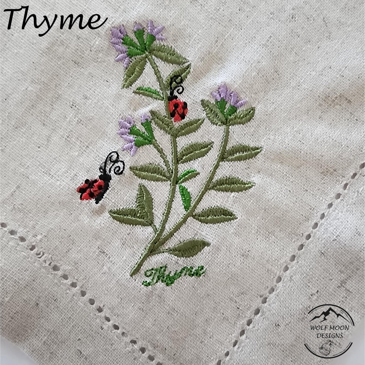Embroidered XLarge Herb Napkins with Cute Bug Accents, Matching Napkin Rings Available too!