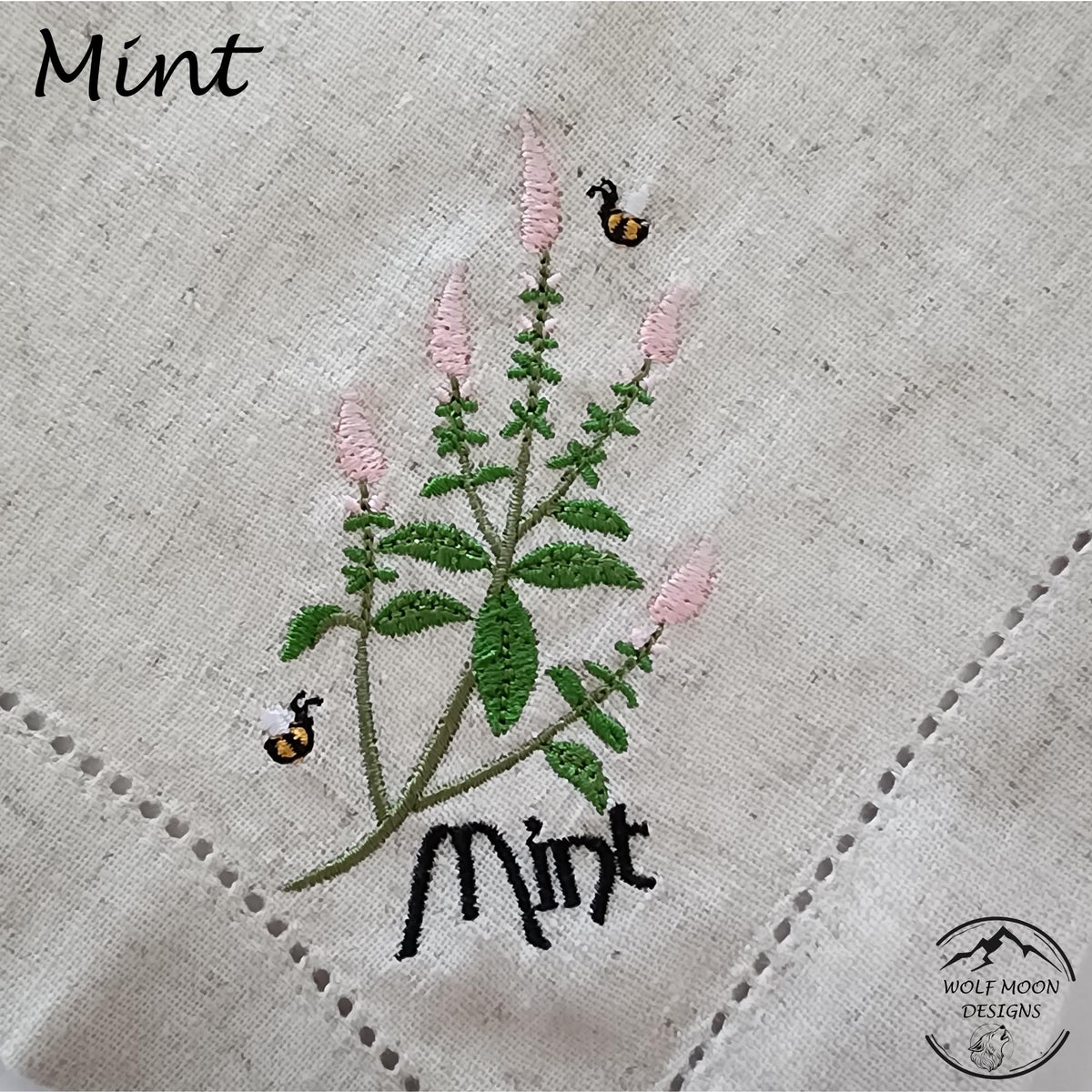 Embroidered XLarge Herb Napkins with Cute Bug Accents, Black Bold Text,  Matching Napkin Rings Available too!