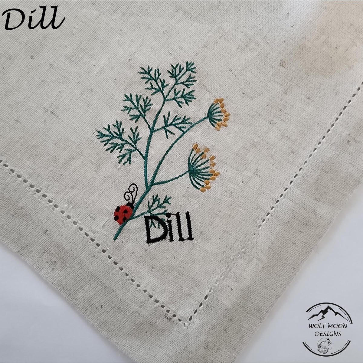 Embroidered XLarge Herb Napkins with Cute Bug Accents, Black Bold Text,  Matching Napkin Rings Available too!