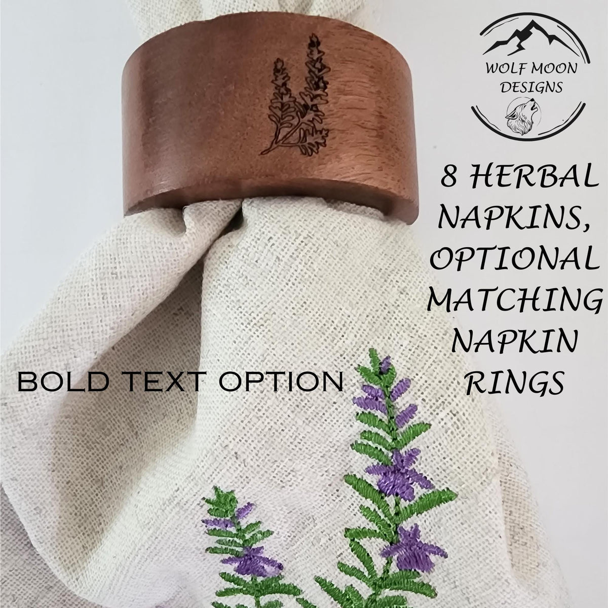 Embroidered XLarge Herb Napkins with Cute Bug Accents, Black Bold Text,  Matching Napkin Rings Available too!
